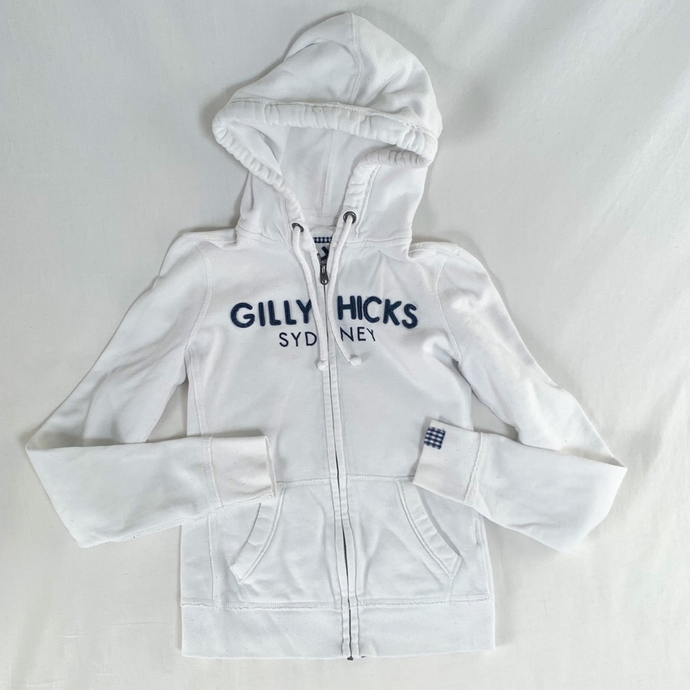Gilly Hicks white full zip hoodie w navy letters